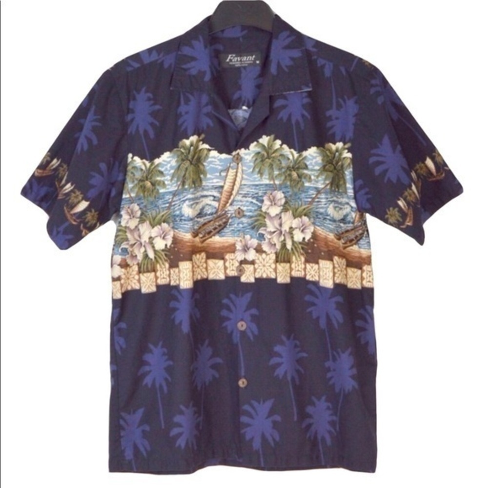 Favant 100% Cotton Tropical Print Hawaiian Beach Shirt Loop Collar Medium